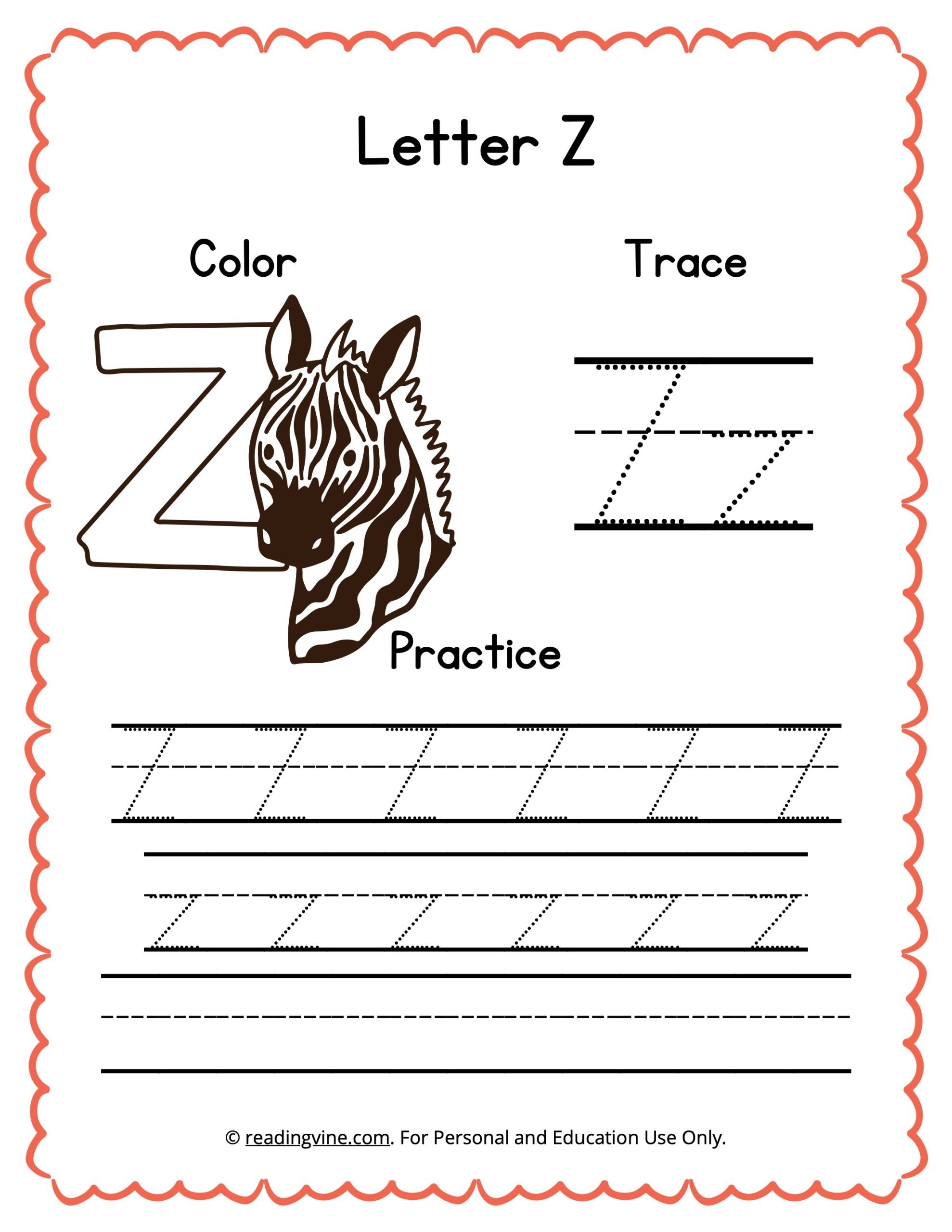 Color, Trace, and Write the Letter Z Worksheet Image
