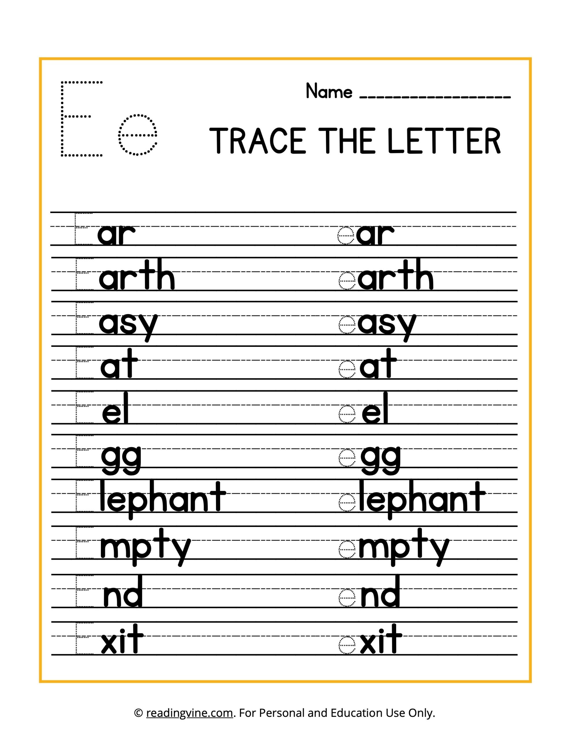 Trace the Beginning Letter E Activity
