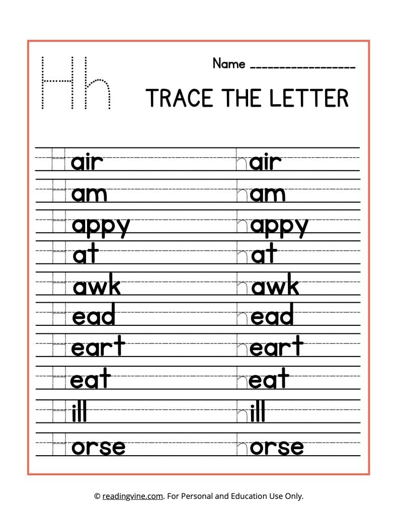 Printable Trace the Beginning Letter H Worksheet
