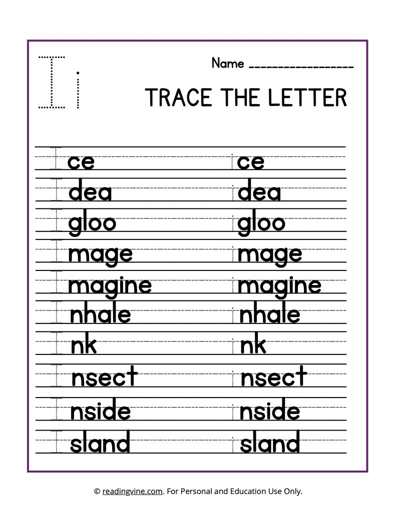 Trace the Beginning Letter I Printable Worksheet