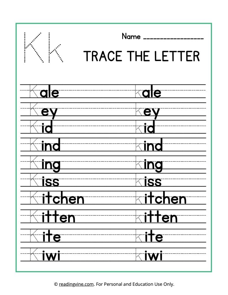 Trace the Beginning Letter K Printable Worksheet