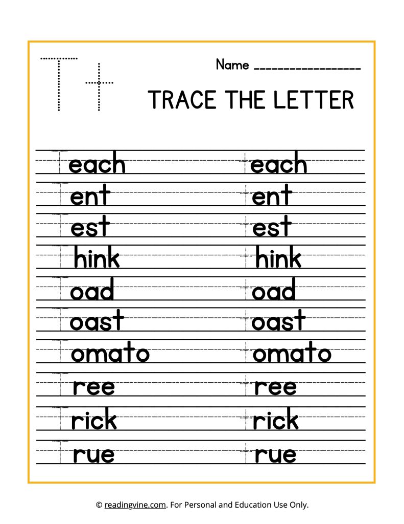 Trace the Beginning Letter T Printable Worksheet