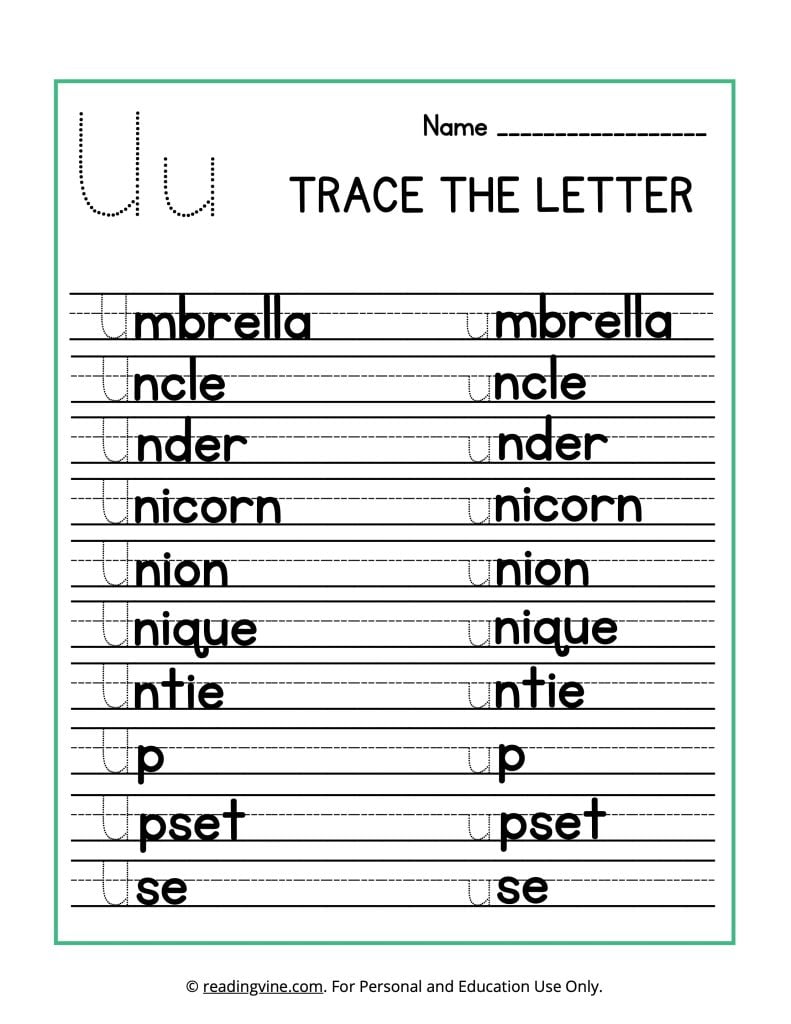 Printable Trace the Beginning Letter U Activity