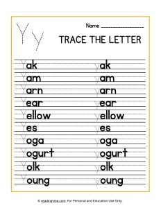 Trace the Beginning Letter Y Activity