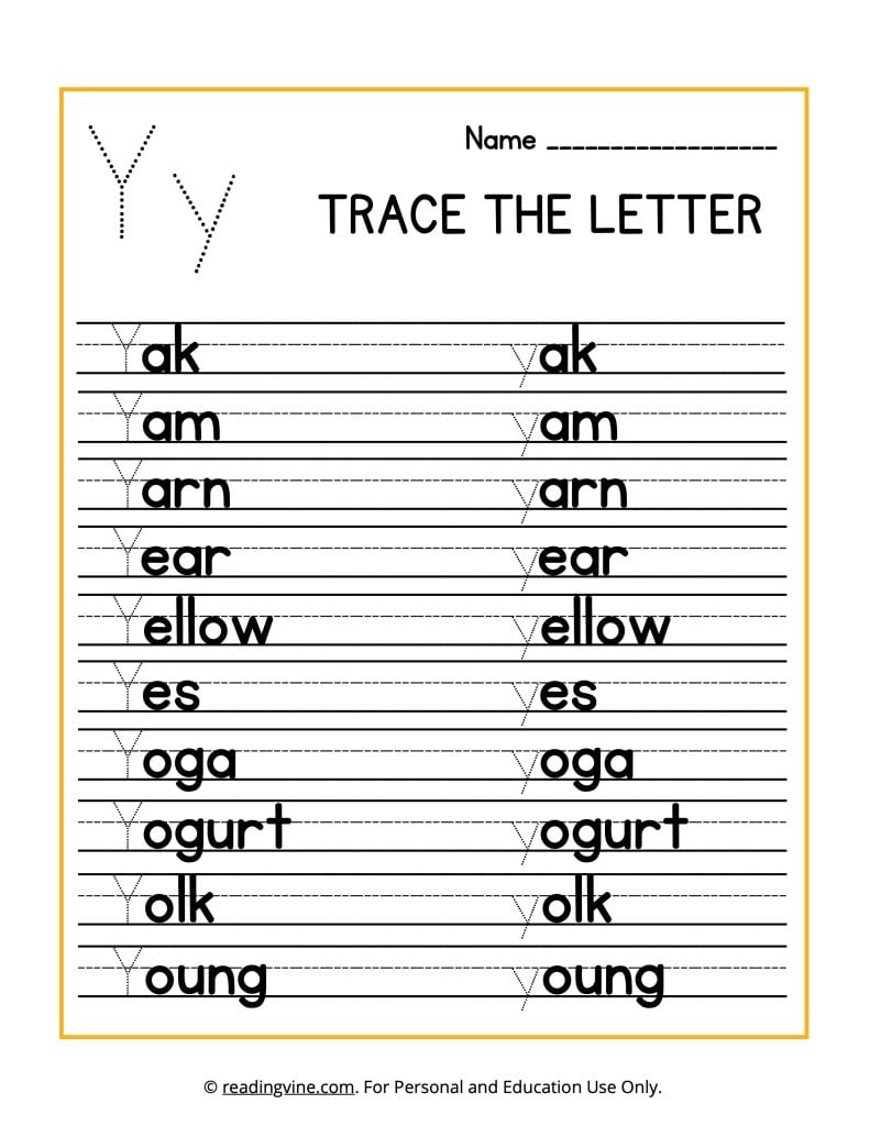 Trace the Beginning Letter Y Printable Activity