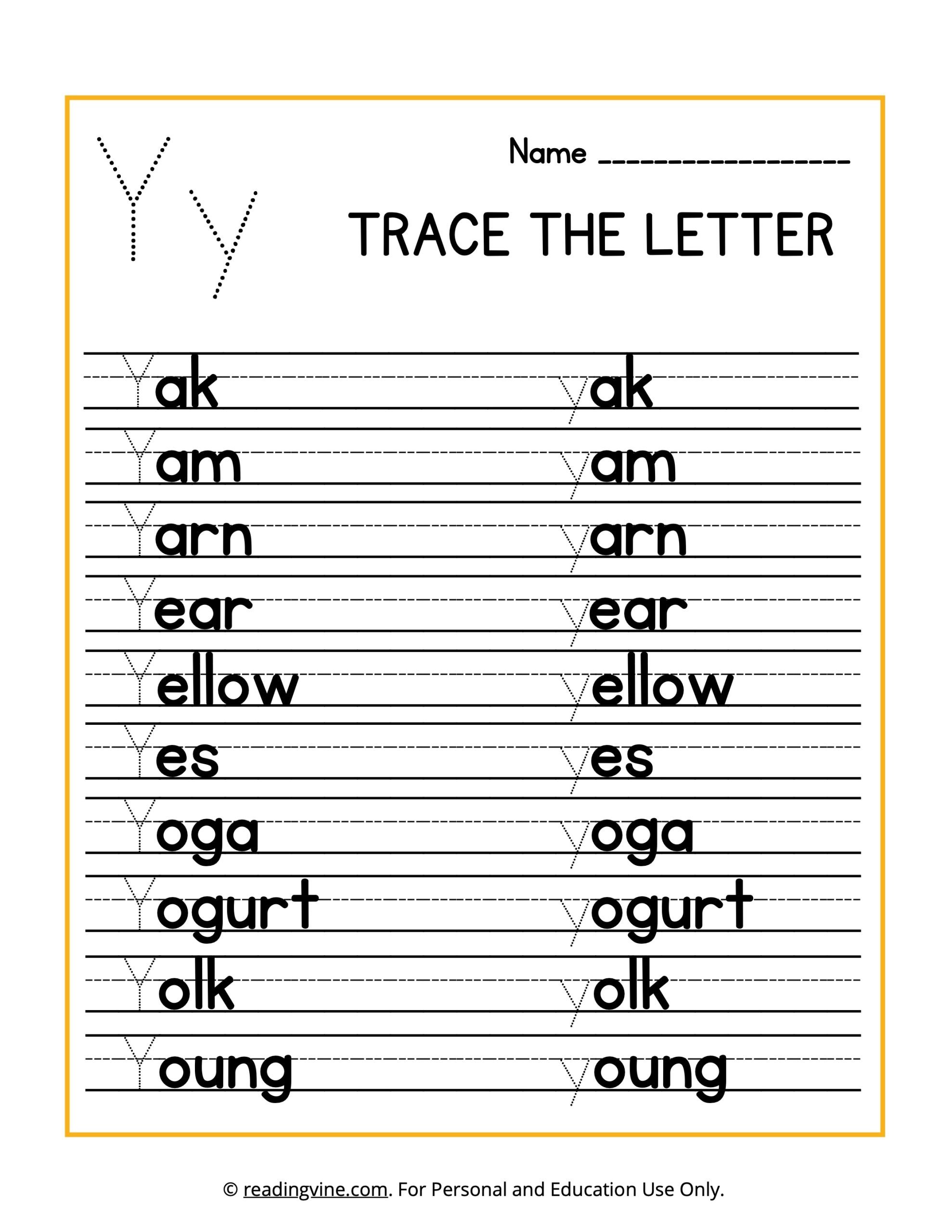 Trace the Beginning Letter Y Activity