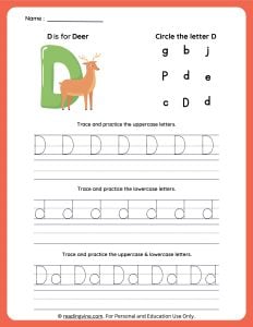Tracing Uppercase and Lowercase Letter D Worksheet