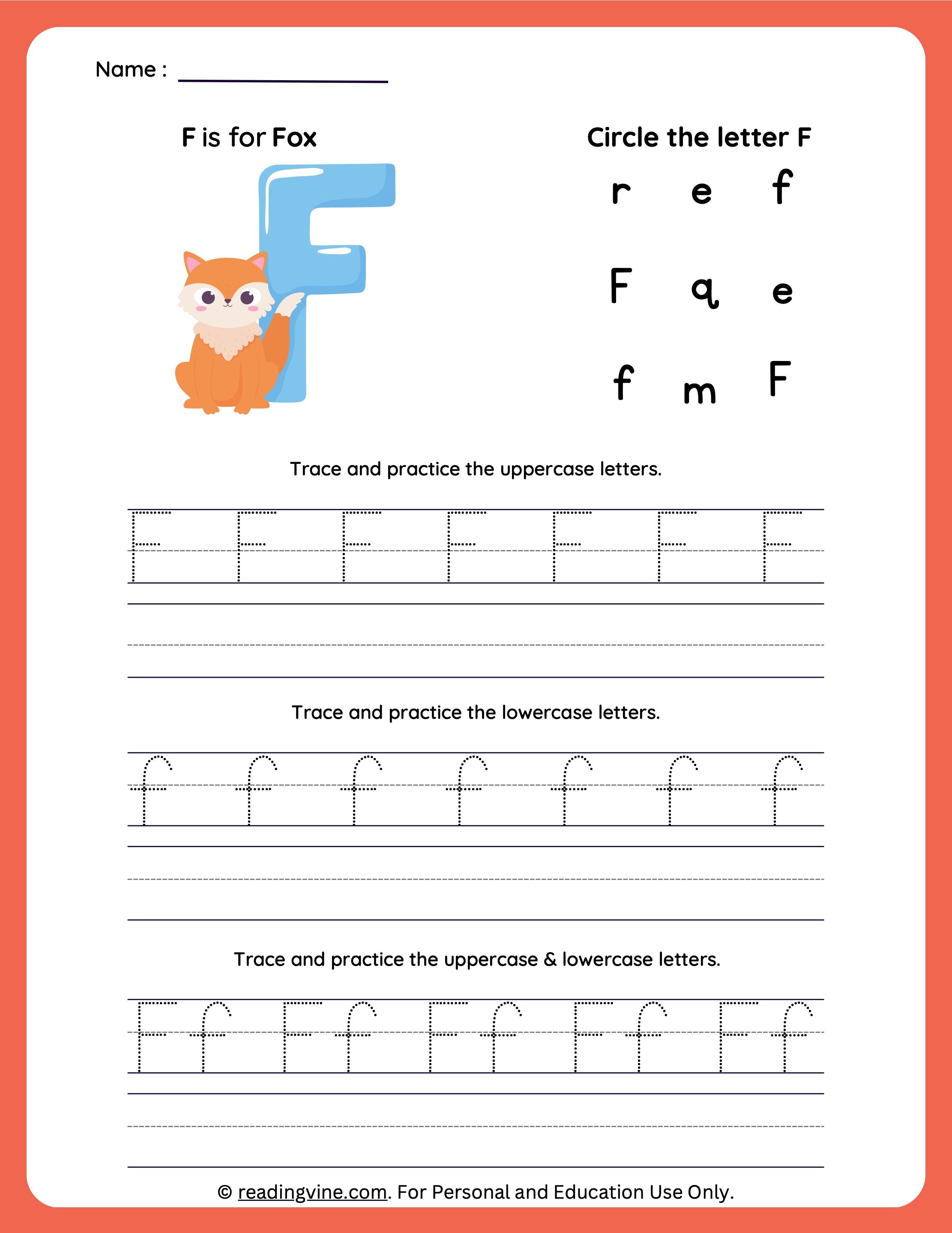 Tracing Uppercase and Lowercase Letter F Worksheet-image - ReadingVine