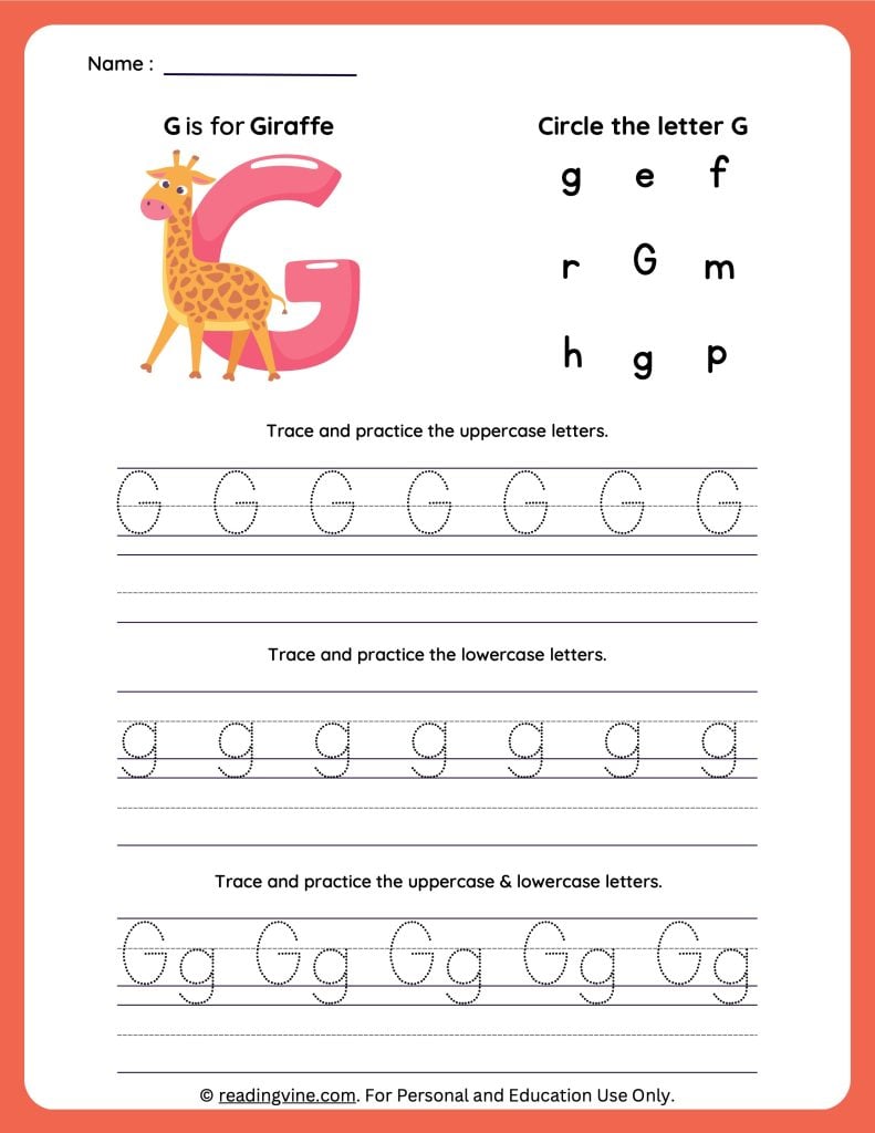 Tracing Uppercase and Lowercase Letter G Worksheet
