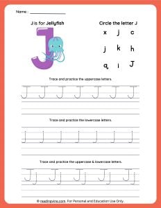 Tracing Uppercase and Lowercase Letter J Worksheet