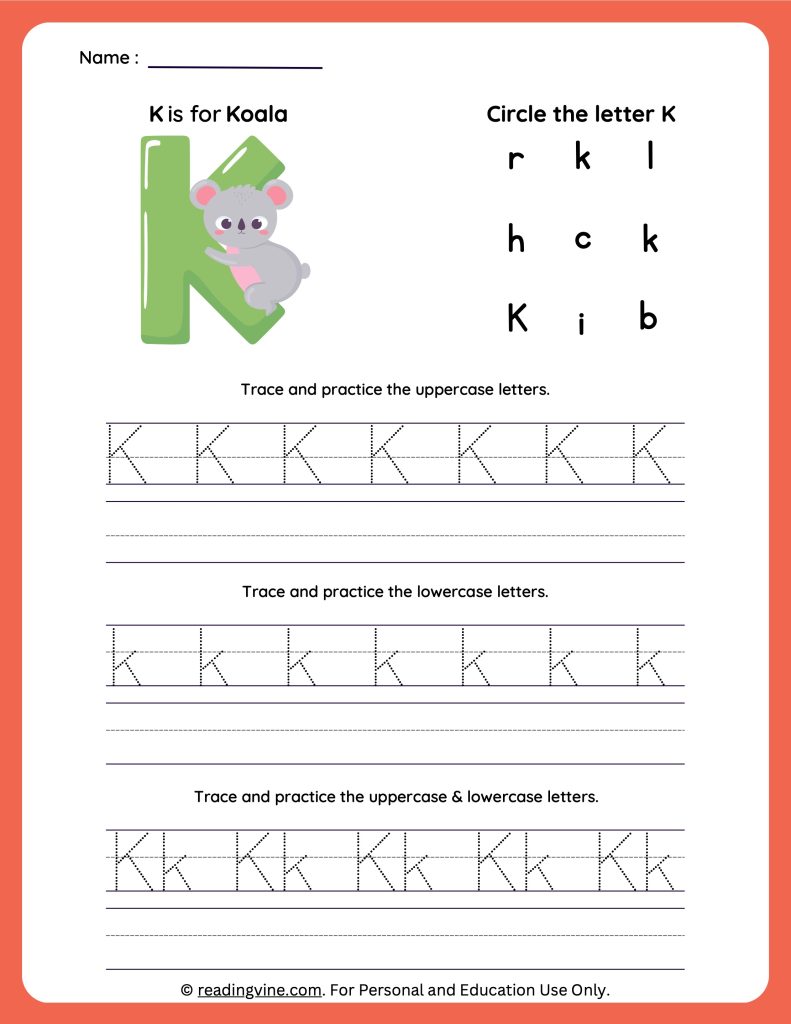 Tracing Uppercase and Lowercase Letter K Worksheet