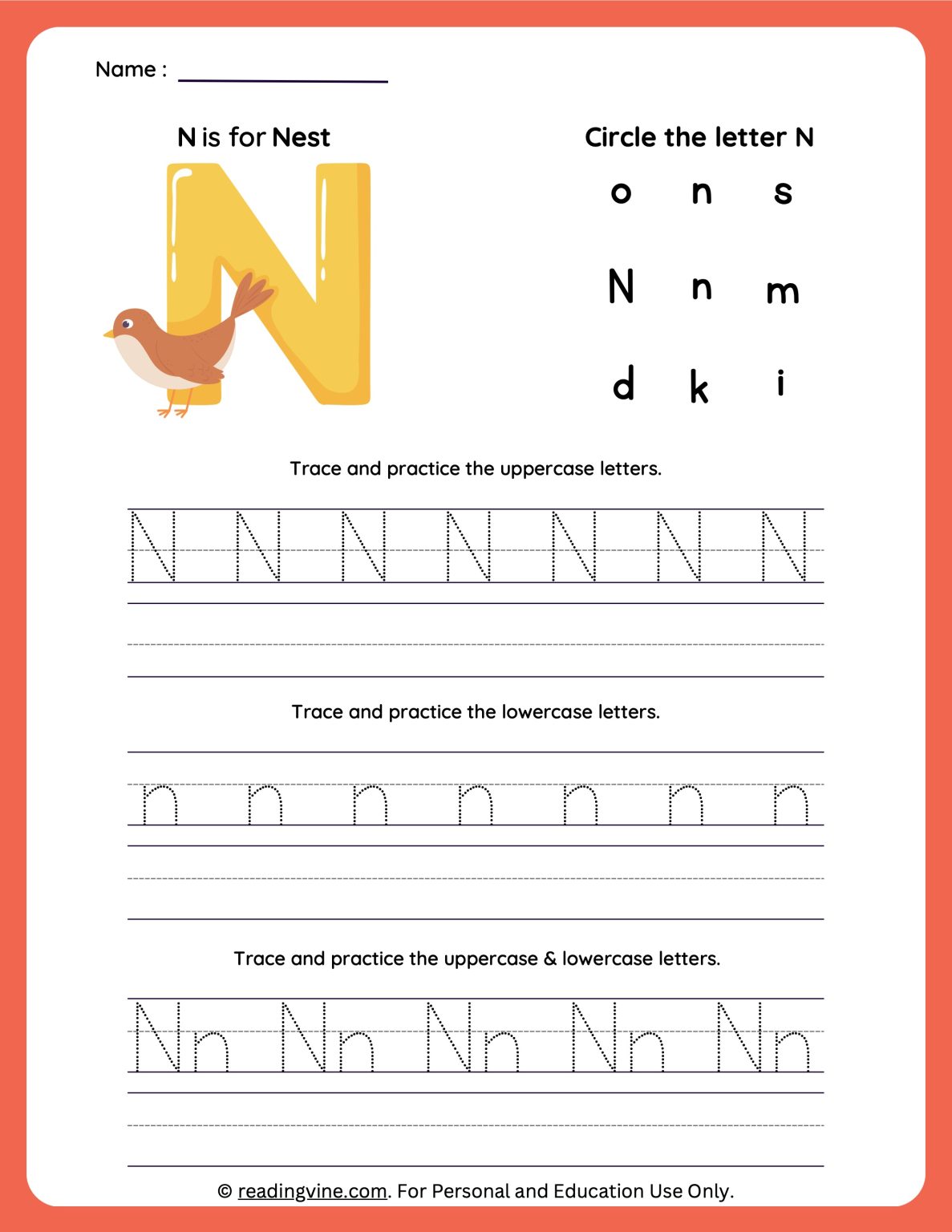 Tracing uppercase and lowercase letter n worksheet image readingvine