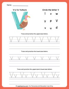 Tracing Uppercase and Lowercase Letter V Worksheet