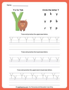 Tracing Uppercase and Lowercase Letter Y Worksheet