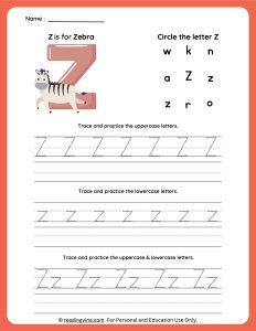 Tracing Uppercase and Lowercase Letter Z Worksheet