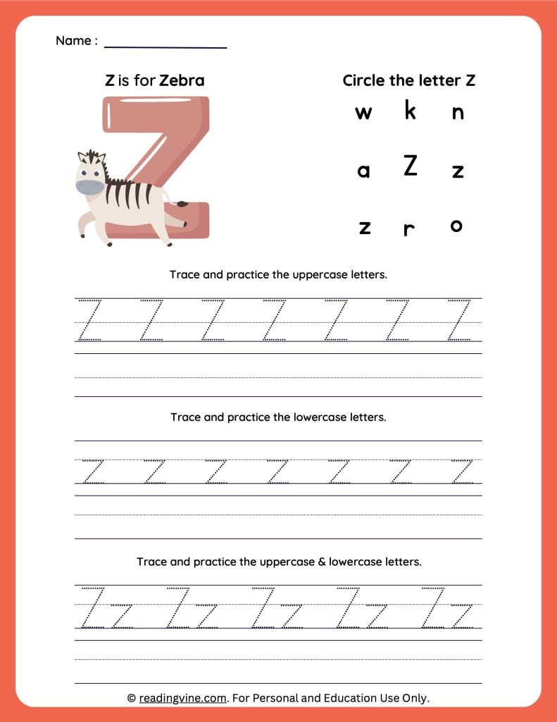 Tracing Uppercase and Lowercase Letter Z Activity
