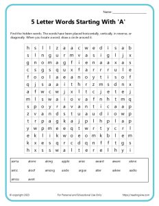 5 letter words starting with A word search Activity 1