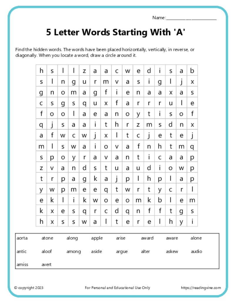 5 letter words starting with A word search Activity 1