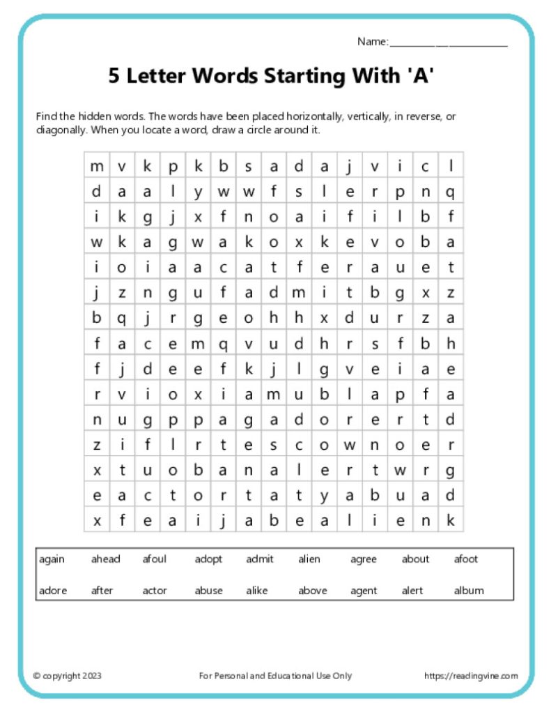 5 letter words starting with A word search #2