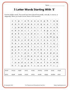 5 letter words starting with e Word Search