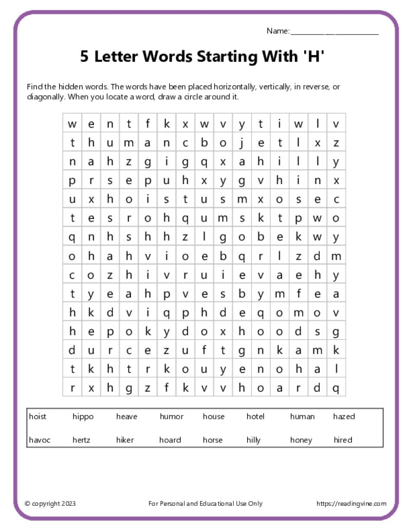 5 letter words starting with h word search