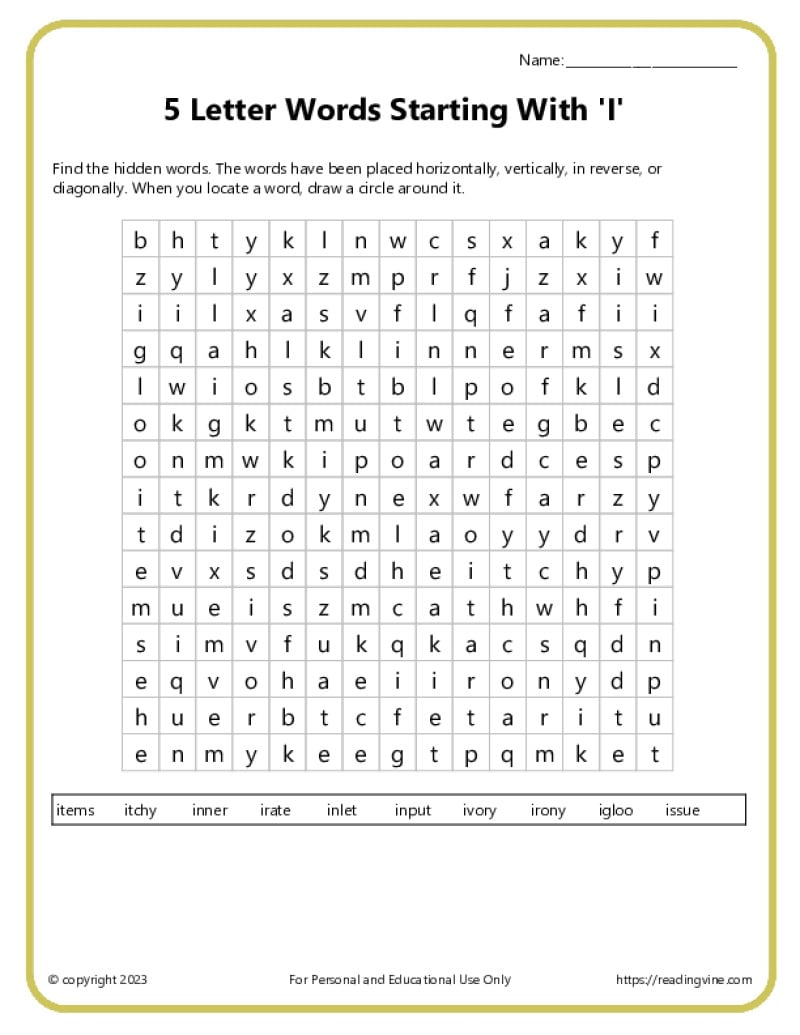 5 letter words starting with i Word Search