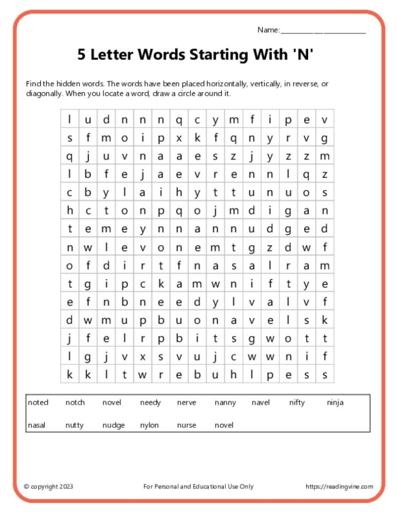 5 Letter Words Starting with N - Word Search Activity 2