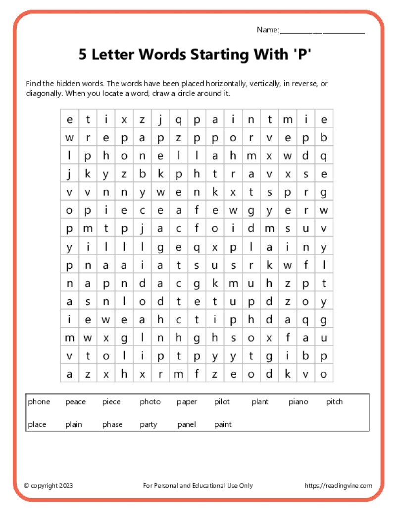 5 letter words starting with P word search