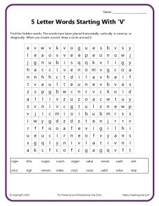 5 Letter words starting with V word search