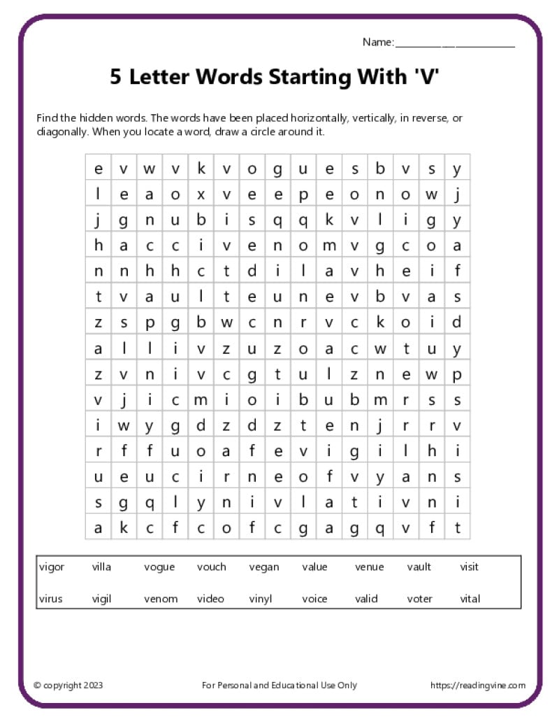 5 Letter words starting with V word search