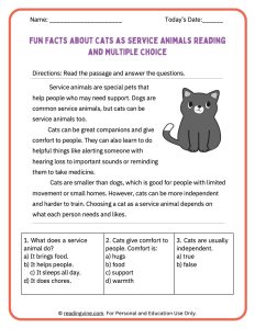 Fun facts about cats as service animals activity packet for younger students
