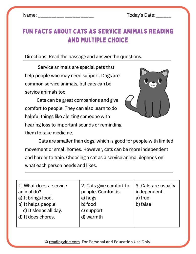 Fun facts about cats as service animals activity packet for younger students