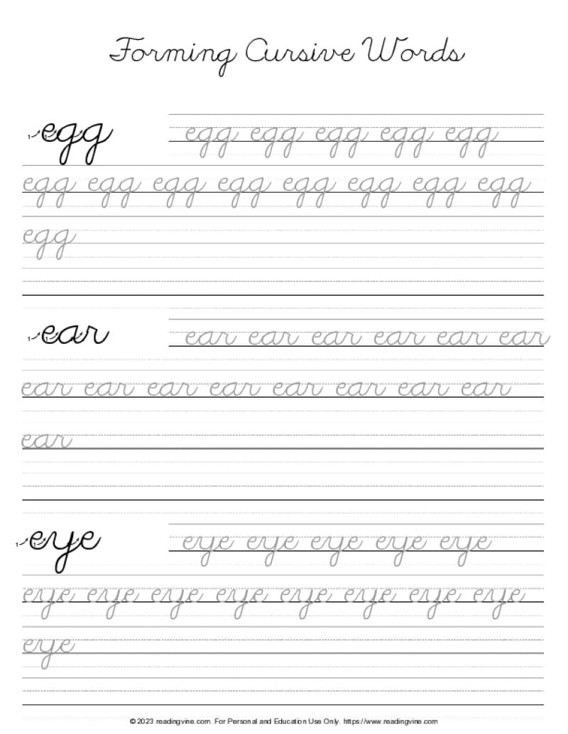 Cursive Letter E - Word Formation Practice