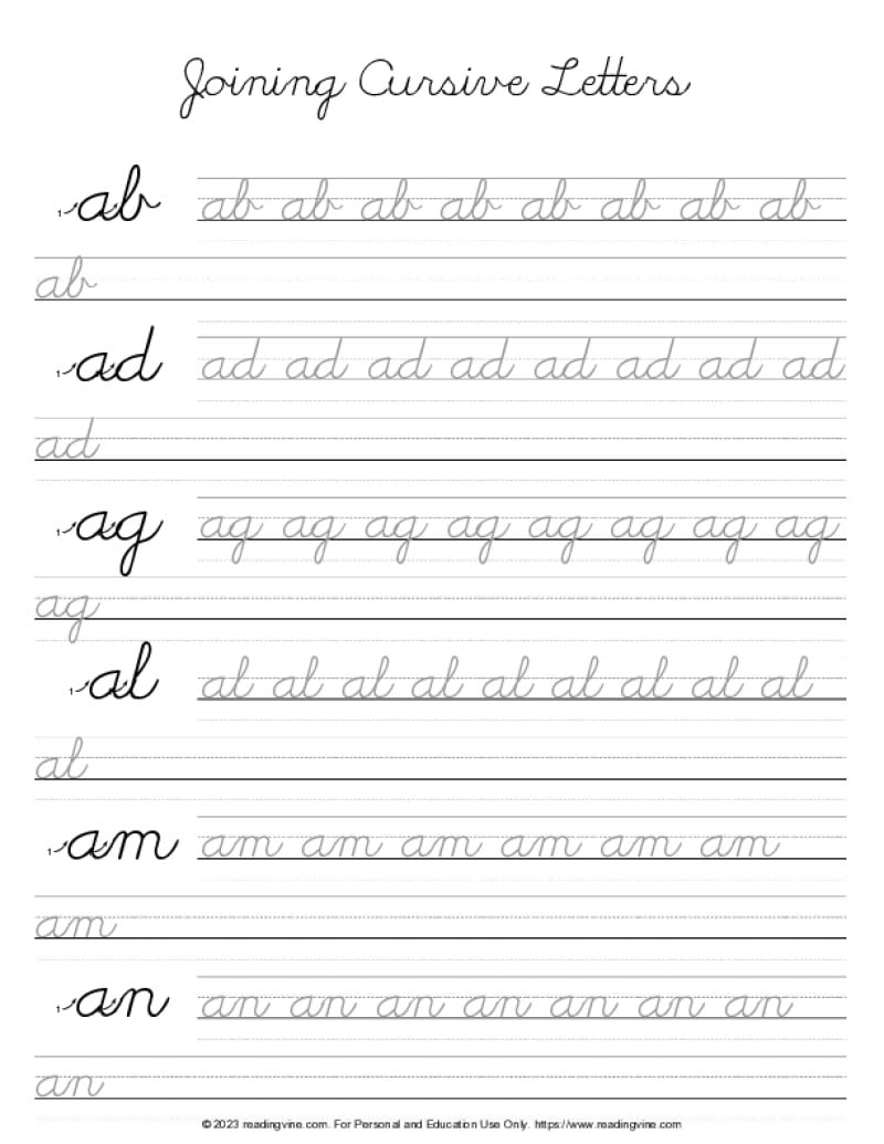 Cursive Writing Practice Sheets (PDF) - ReadingVine