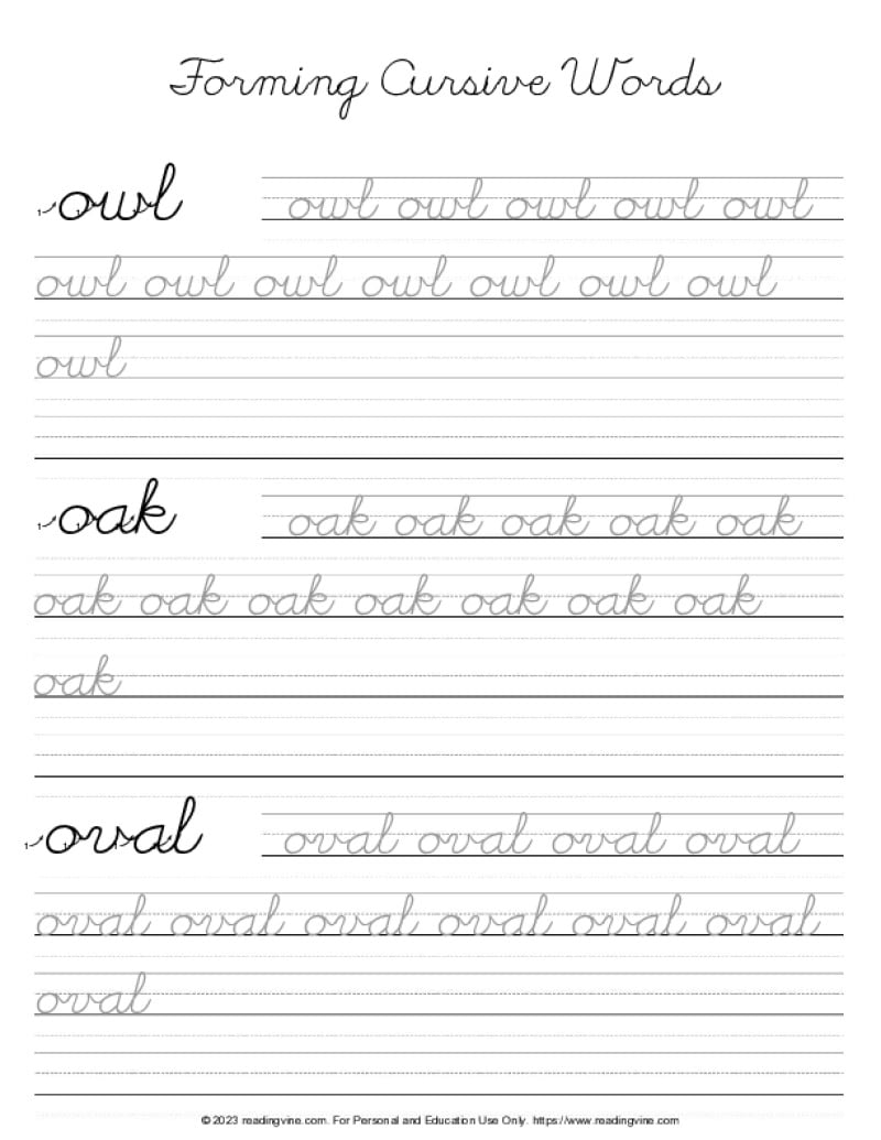 Cursive Letter O - Word Formation Practice PDF