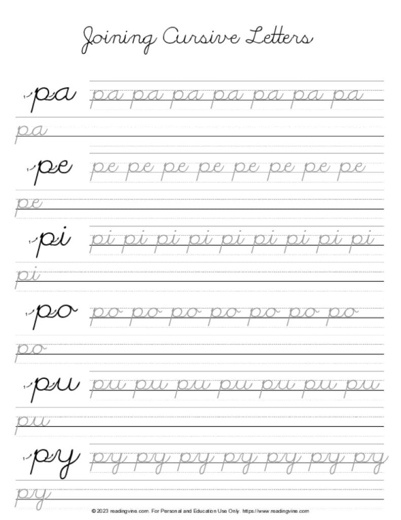 Practice joining cursive letter P with other letters