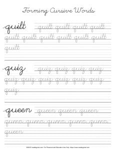 Cursive Letter Q - Word Formation Practice PDF