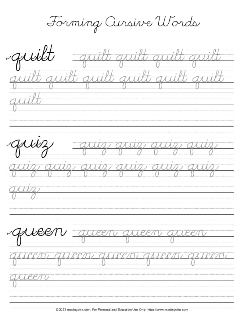 Cursive Letter Q - Word Formation Practice PDF