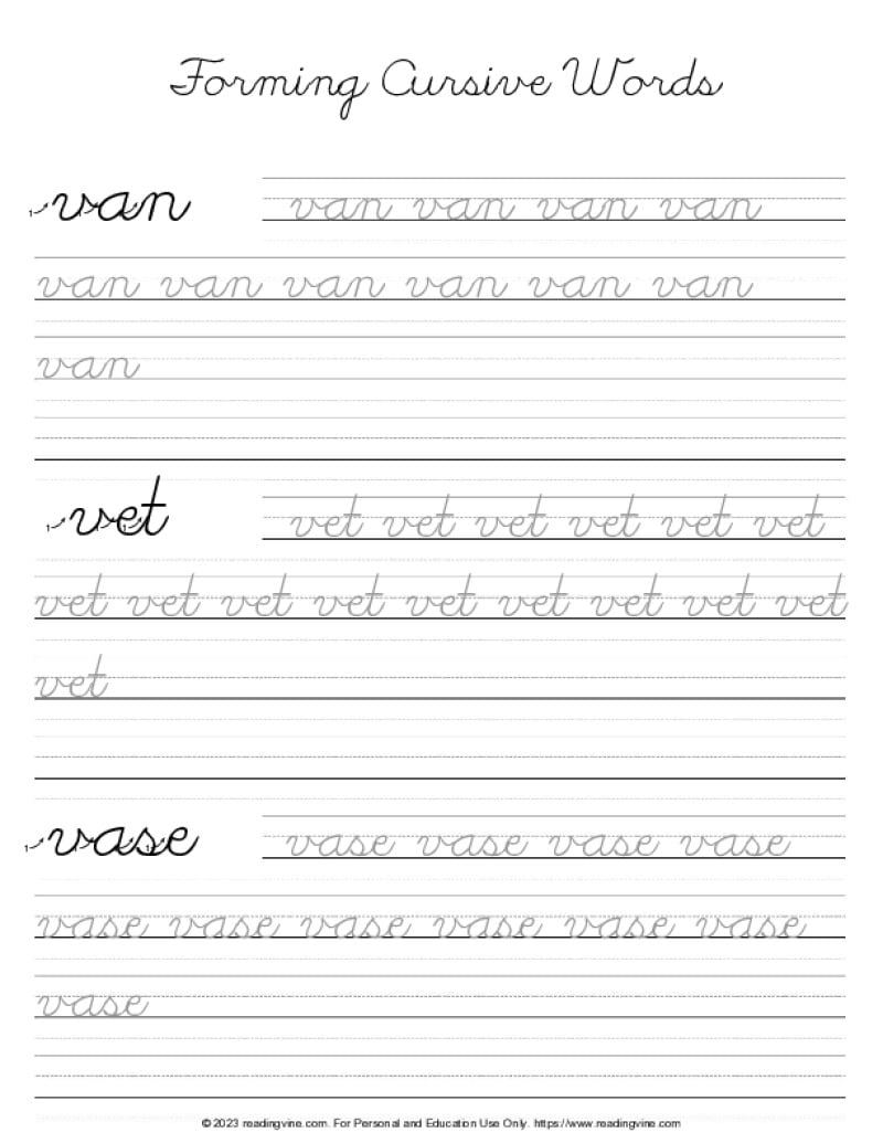 Cursive Letter V - Word Formation Practice