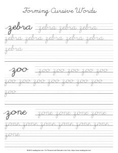 Cursive Letter Z - Forming Words Practice Sheet