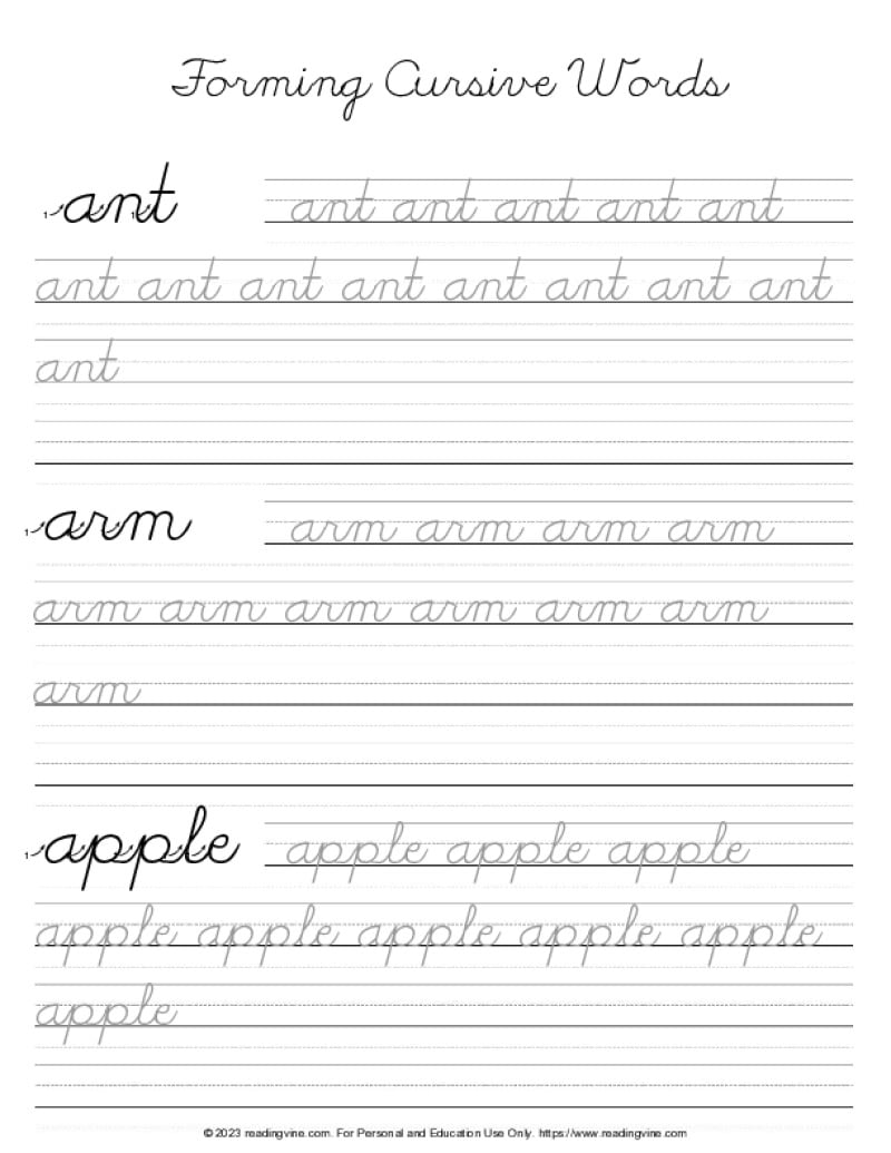 Cursive Writing Practice Sheets (PDF) - ReadingVine