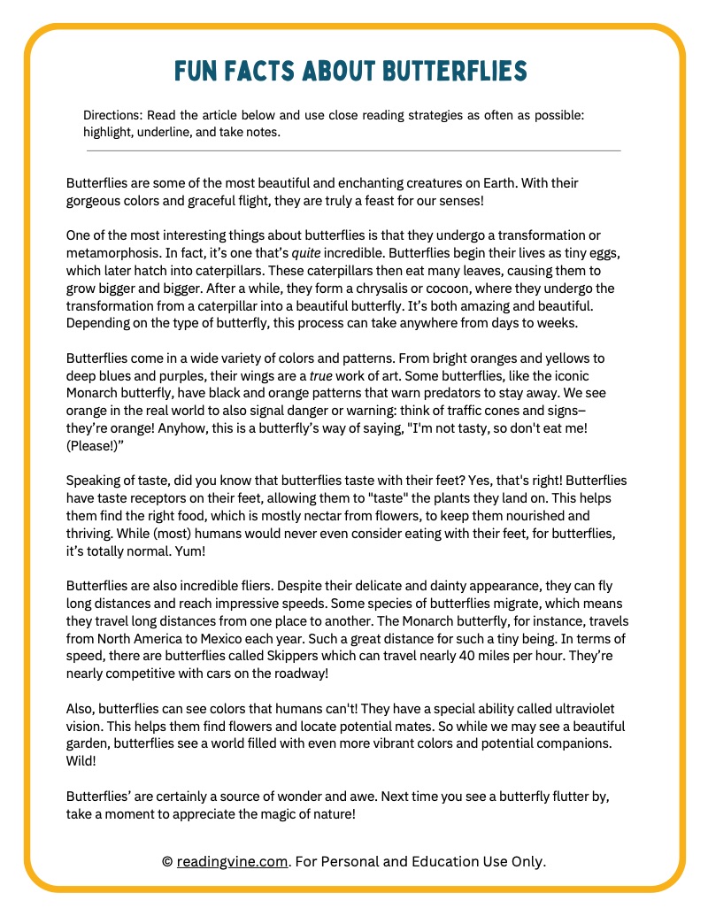 Fun facts about butterflies activity packet image
