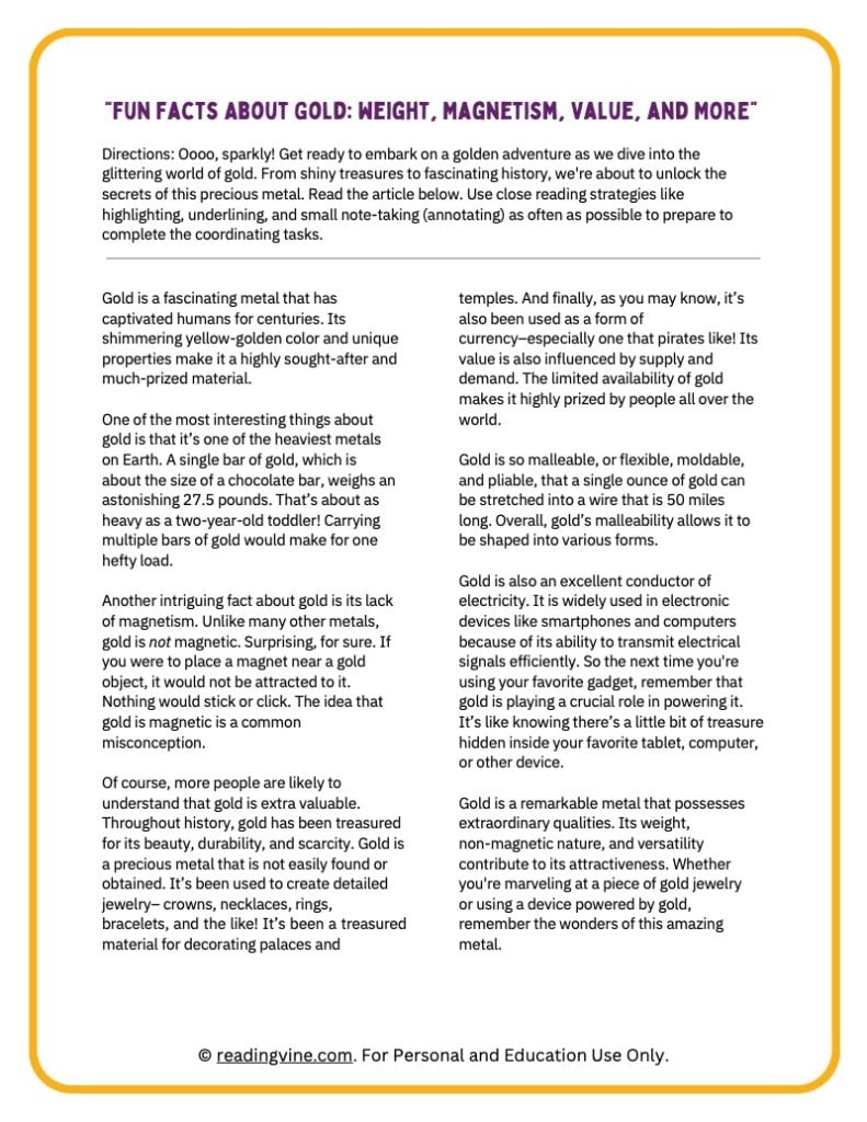 All About Gold Printable Worksheets for Upper Grades