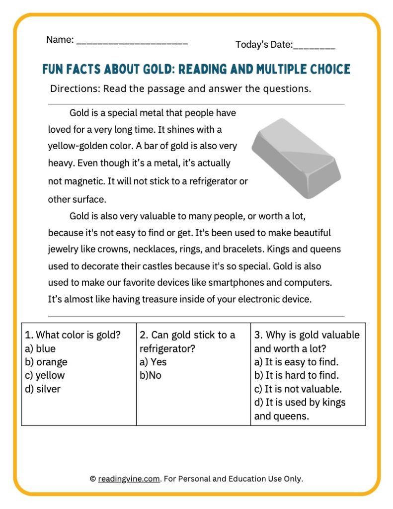 Fun Facts About Gold Activity Packet for Younger Grades