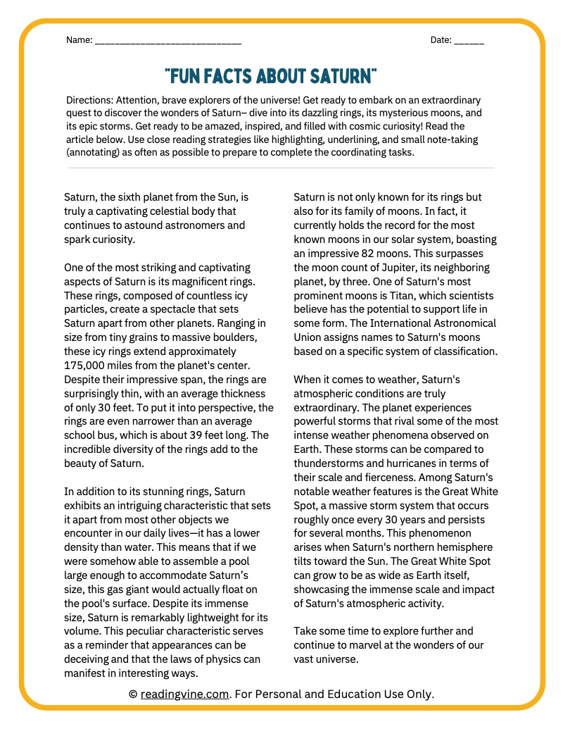 All about Saturn activity packet image for upper grades