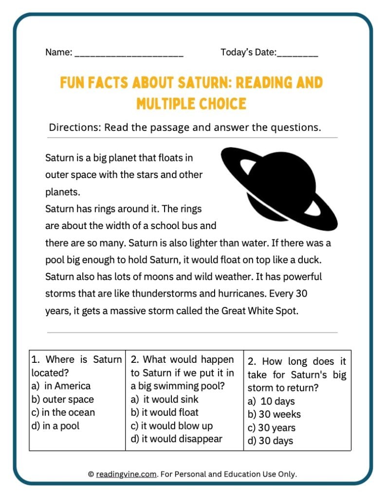 Fun Facts About Saturn Activity Packet for Younger Grades