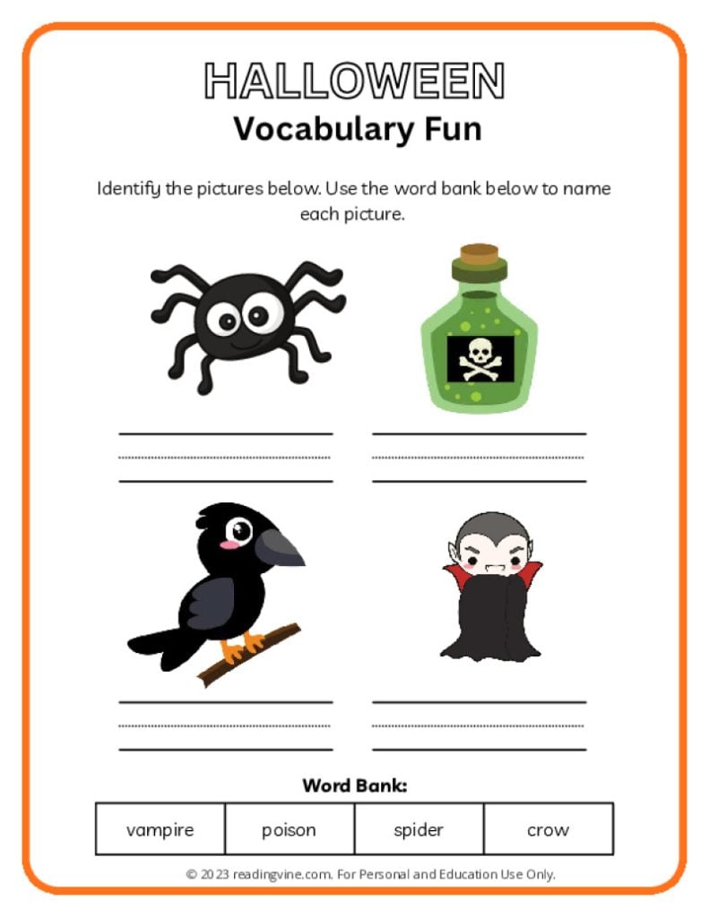 Halloween Vocabulary Words Activity 2