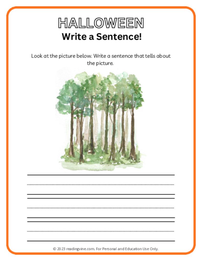 Students write a sentence based on a picture of the forest