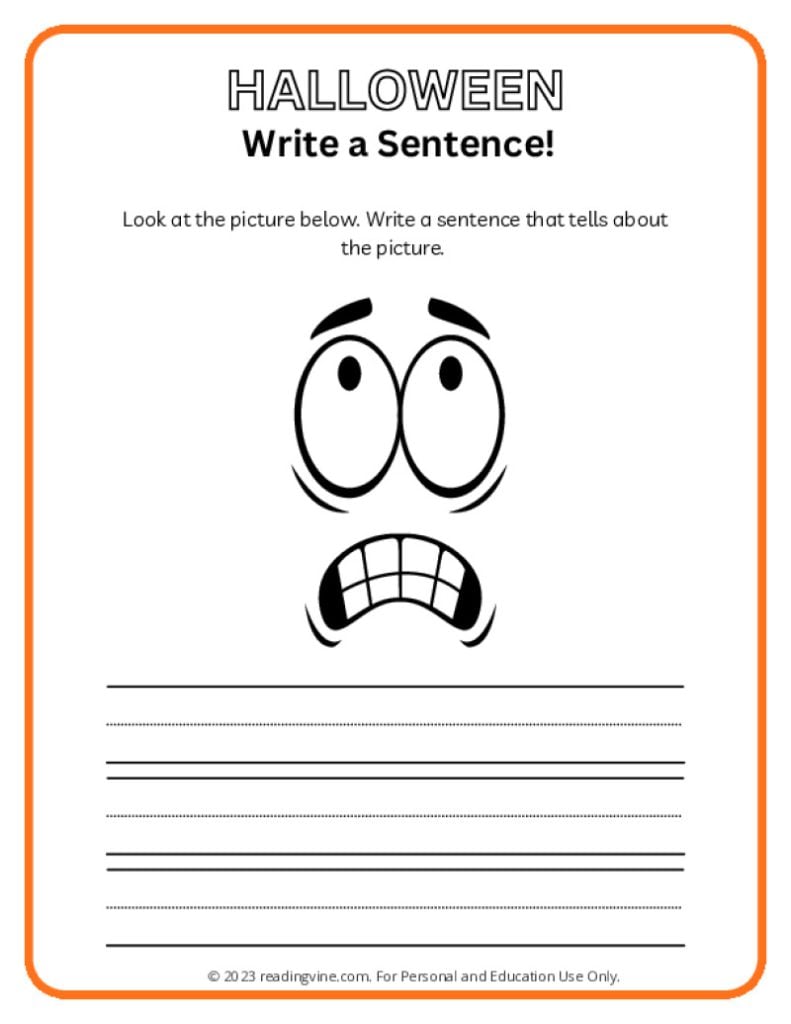 A Halloween activity where students write a sentence based on a scared face
