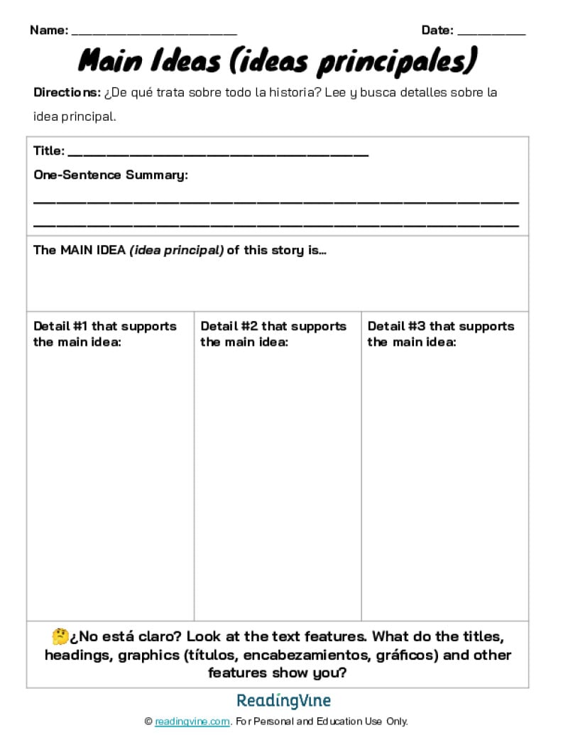Main Idea Spanish Language Graphic Template
